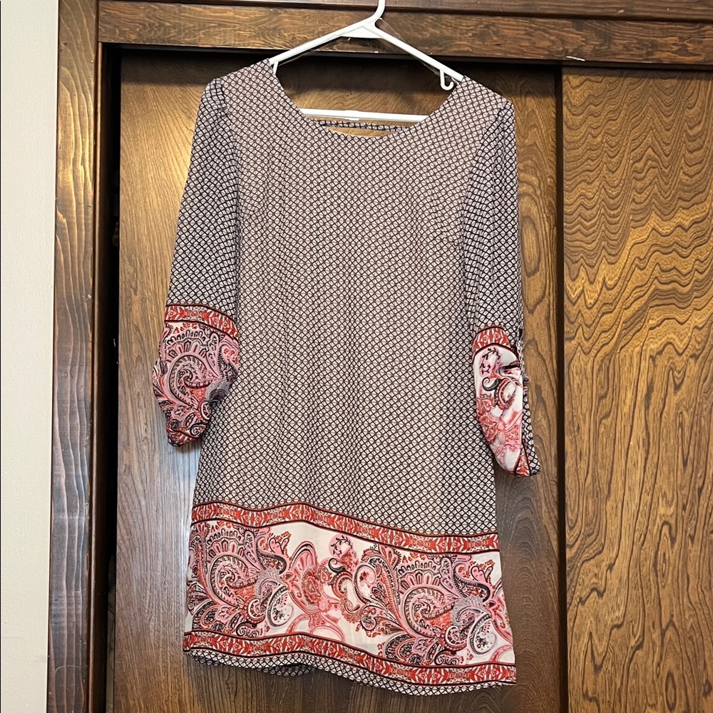 Speechless Geometric and Paisley Long Sleeve Dress - Black and Pink